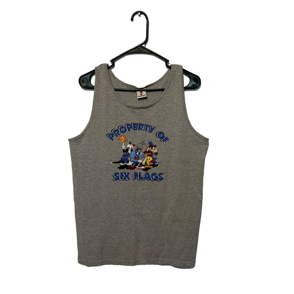 Vintage Looney Tunes Shirt Mens Large Gray Six Flags Tank Top 1999 Warner Bros